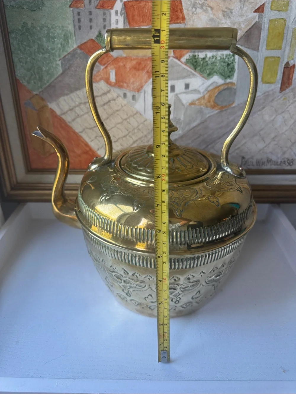Decorative Gold Brass Kettle with Embossed Detail